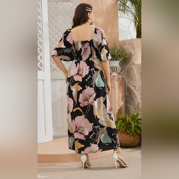 SHEIN Clasi Plus Floral Print Bow Front Shirred Split Thigh Dress 2XL - Picture 2 of 11